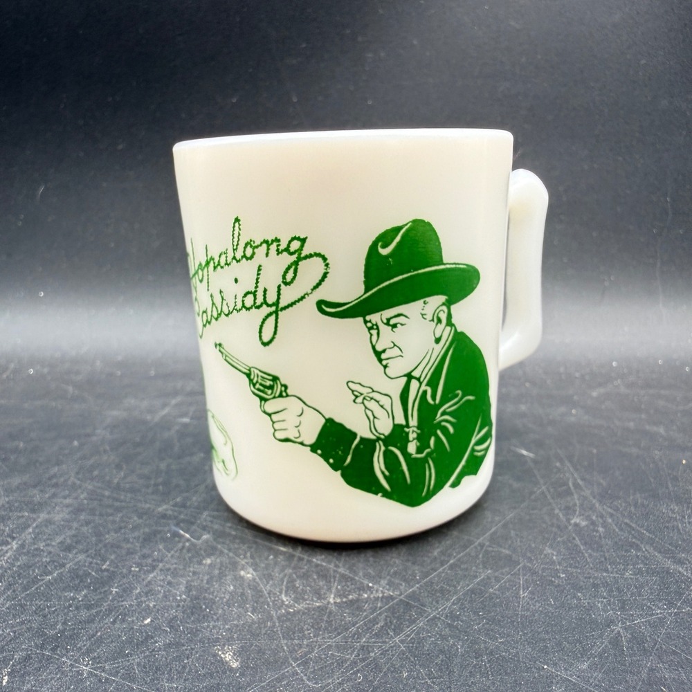 Vtg Fire-King Hopalong Cassidy Milk Glass Mug Green Western Cowboy